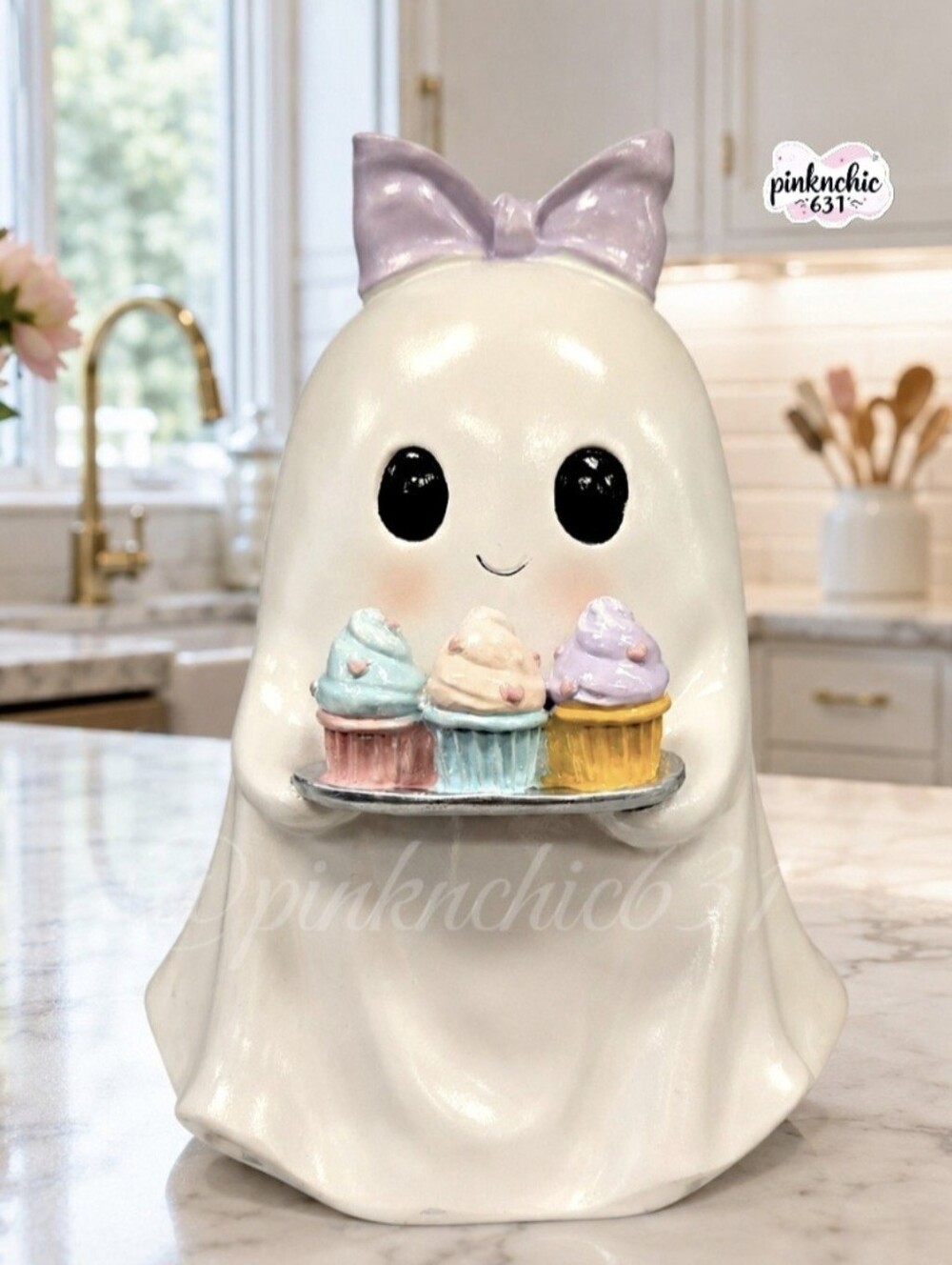 Ghost Holding Cupcakes Statue Halloween Decor Purple Coquette Bow